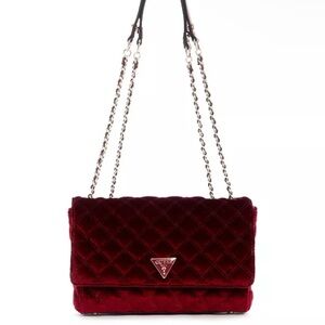 GUESS Velvet Burgundy Quilted Chain Shoulder Bag
